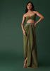 Olive Green Pleated Skirt And Top Set In Crepe