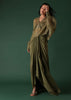 Olive Green Pleated Skirt And Top Set In Crepe