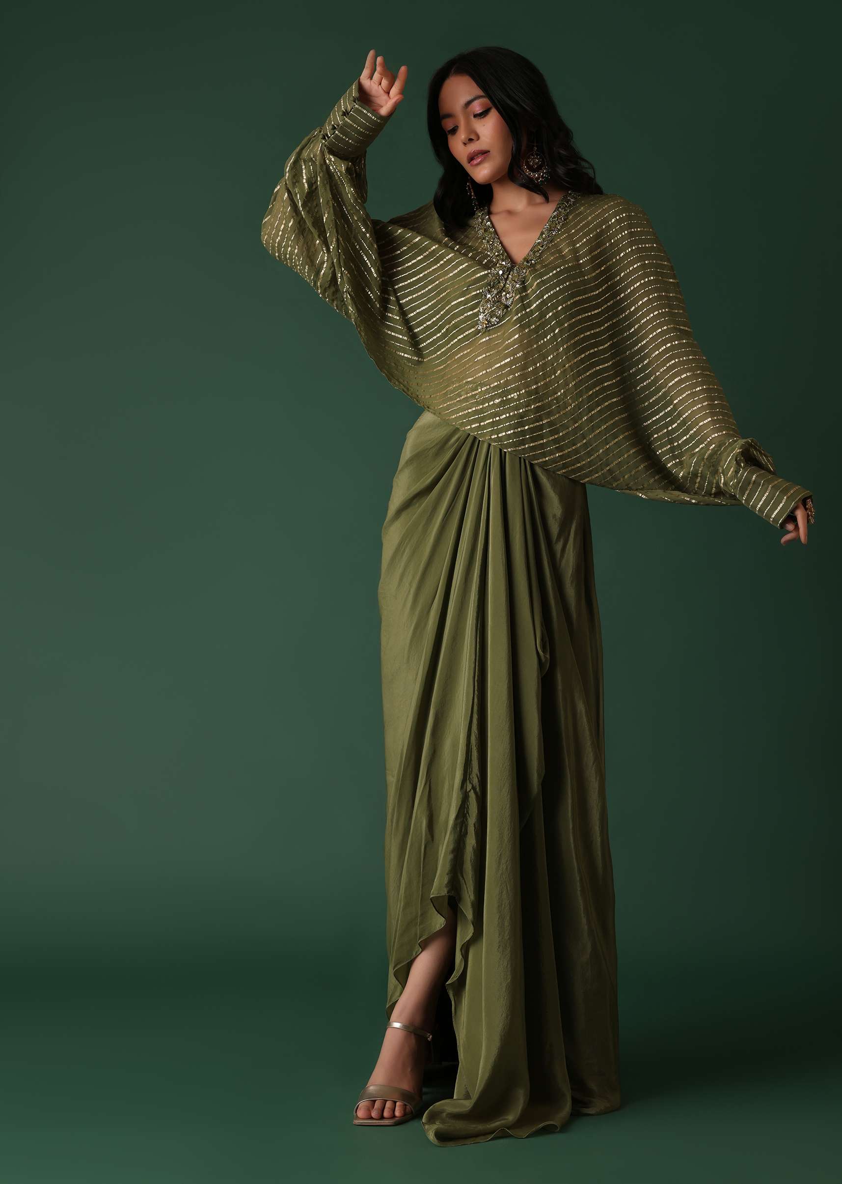 Olive Green Pleated Skirt And Top Set In Crepe