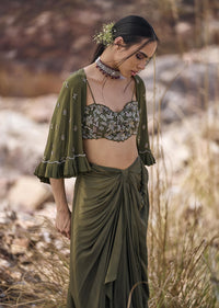 Olive Green Pre-Stitched Draped Skirt With Blouse And Cape