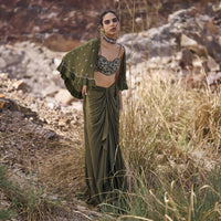 Olive Green Pre-Stitched Draped Skirt With Blouse And Cape