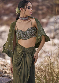 Olive Green Pre-Stitched Draped Skirt With Blouse And Cape