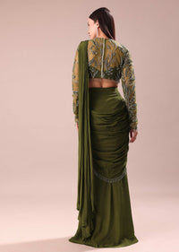 Olive Green Pre Draped Saree With Embroidered Blouse