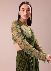 Olive Green Pre Draped Saree With Embroidered Blouse