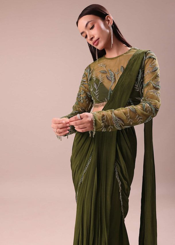 Olive Green Pre Draped Saree With Embroidered Blouse