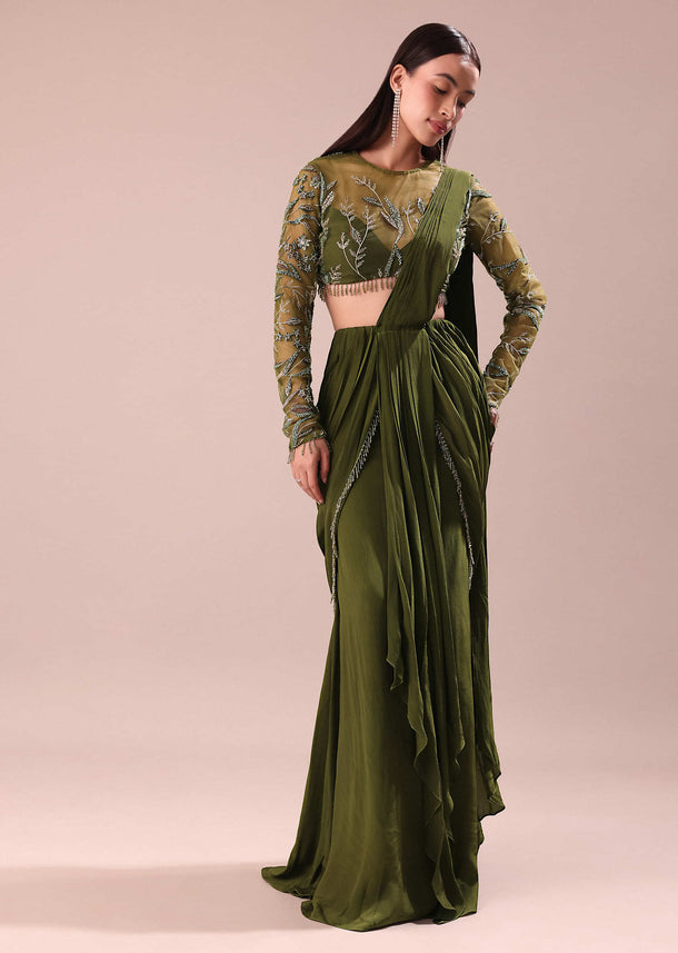 Olive Green Pre Draped Saree With Embroidered Blouse