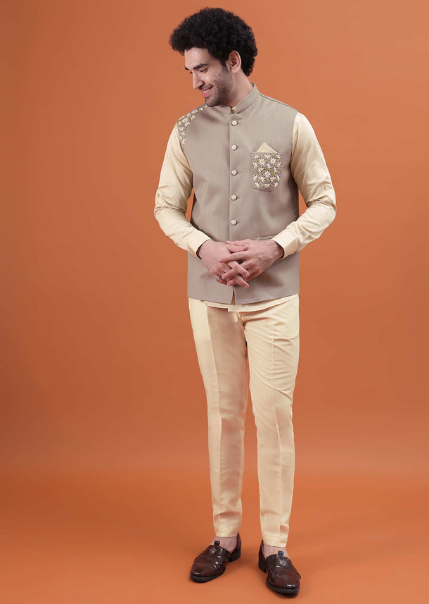 Olive Green Resham Work Kurta And Jacket For Men