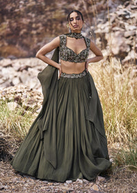 Olive Green Ruched Lehenga With Blouse And Asymmetric Dupatta