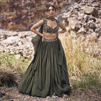 Olive Green Ruched Lehenga With Blouse And Asymmetric Dupatta