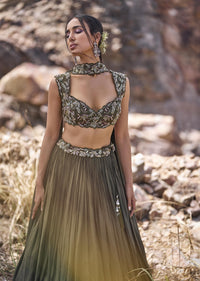 Olive Green Ruched Lehenga With Blouse And Asymmetric Dupatta
