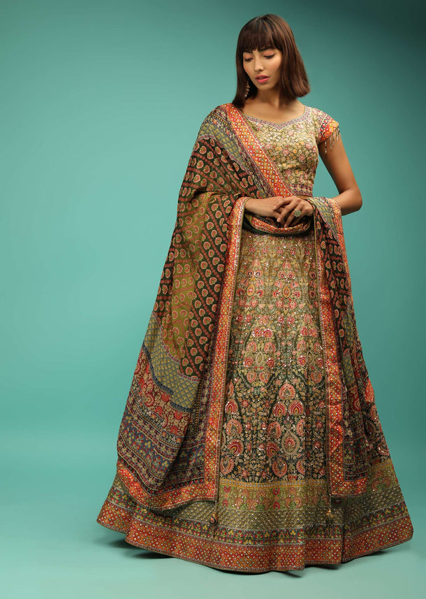 Olive Green Shaded Lehenga Choli With Floral Print And Bead Accents