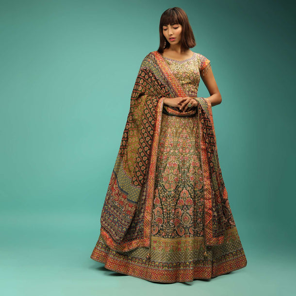 Olive Green Shaded Lehenga Choli With Floral Print And Bead Accents