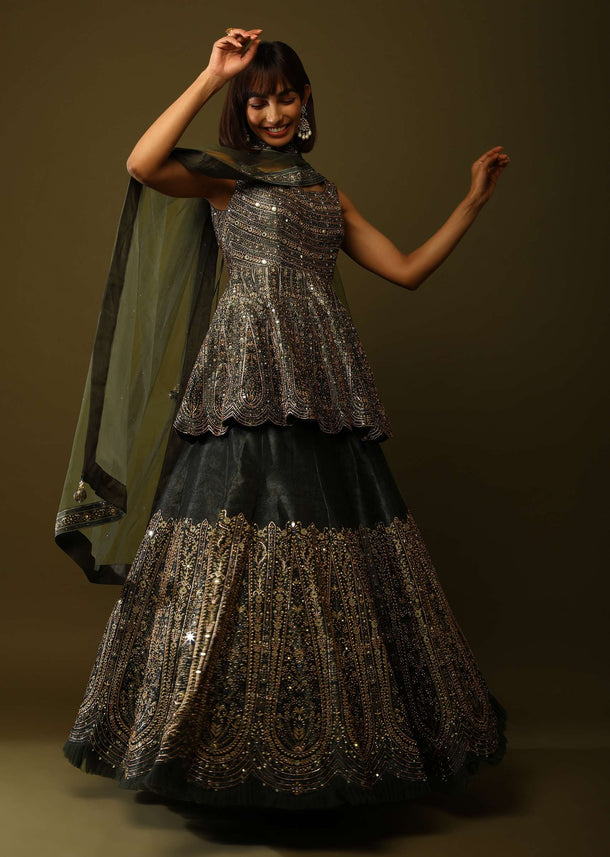 Olive Green Shaded Lehenga And Peplum Top With Floral Print And Mirror Work Online - Kalki Fashion