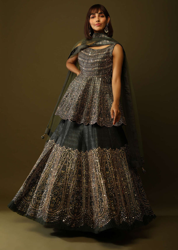 Olive Green Shaded Lehenga And Peplum Top With Floral Print And Mirror Work Online - Kalki Fashion