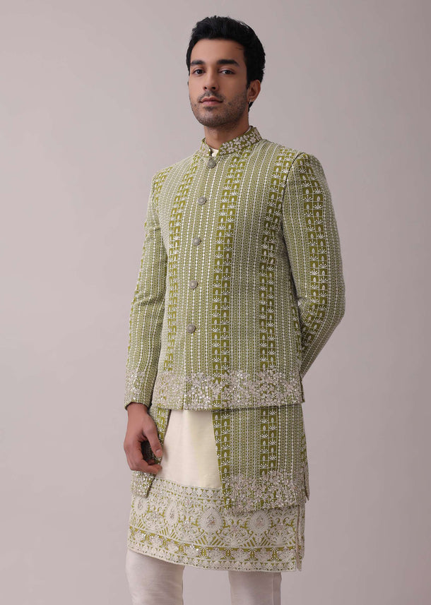 Olive Green Sherwani Set In Silk With Lucknowi Embroidery And Sequins Work