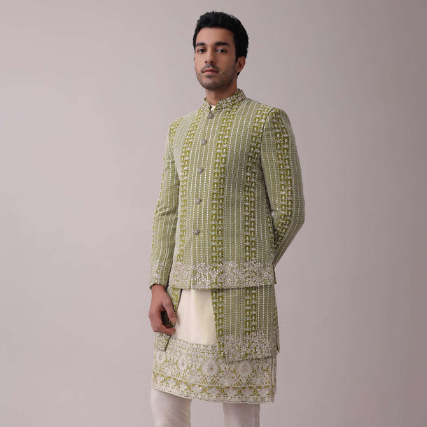 Olive Green Sherwani Set In Silk With Lucknowi Embroidery And Sequins Work