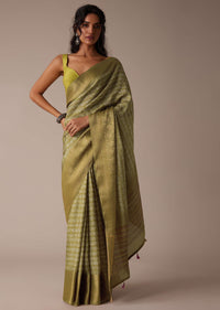 Olive Green Shibori Saree In Tussar With Block Print And Zari Border