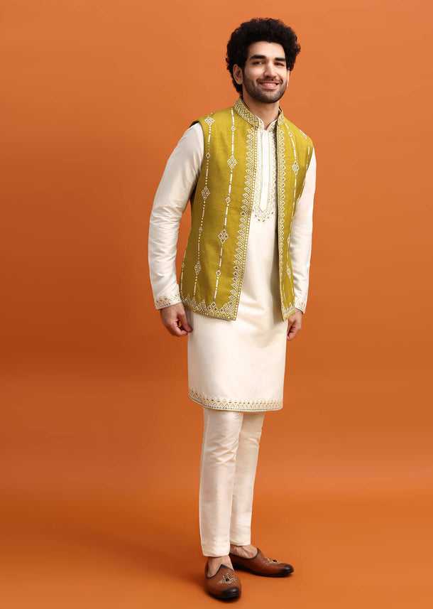 Olive Green Silk Kurta Jacket Set With Mirror Work