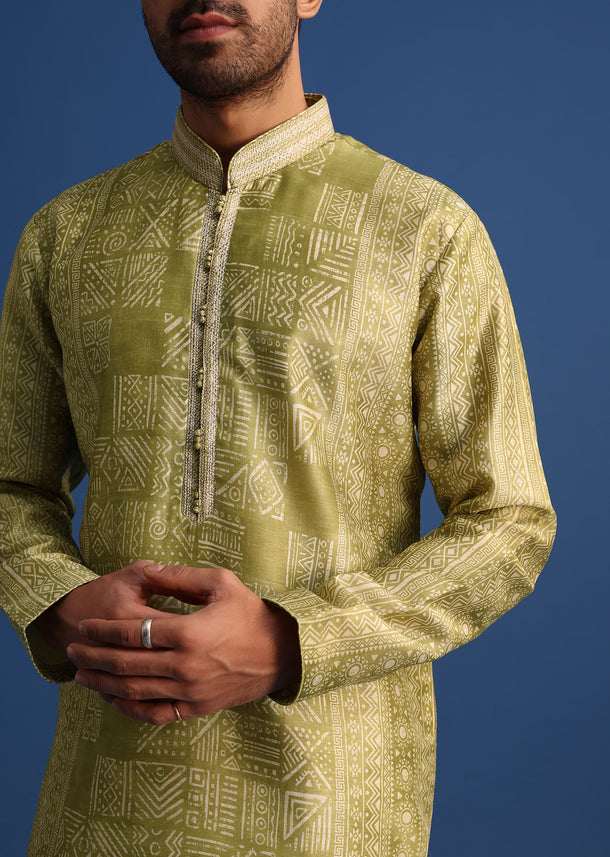 Olive Green Silk Printed Kurta Set