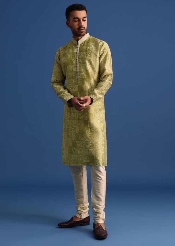 Olive Green Silk Printed Kurta Set