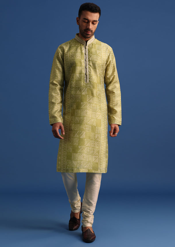 Olive Green Silk Printed Kurta Set