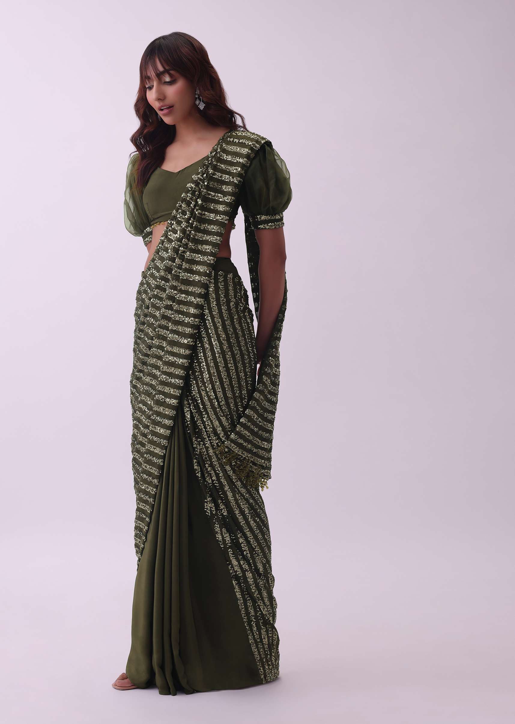 Olive Green Sequins Saree And Crepe Blouse With Fancy Puff Sleeves