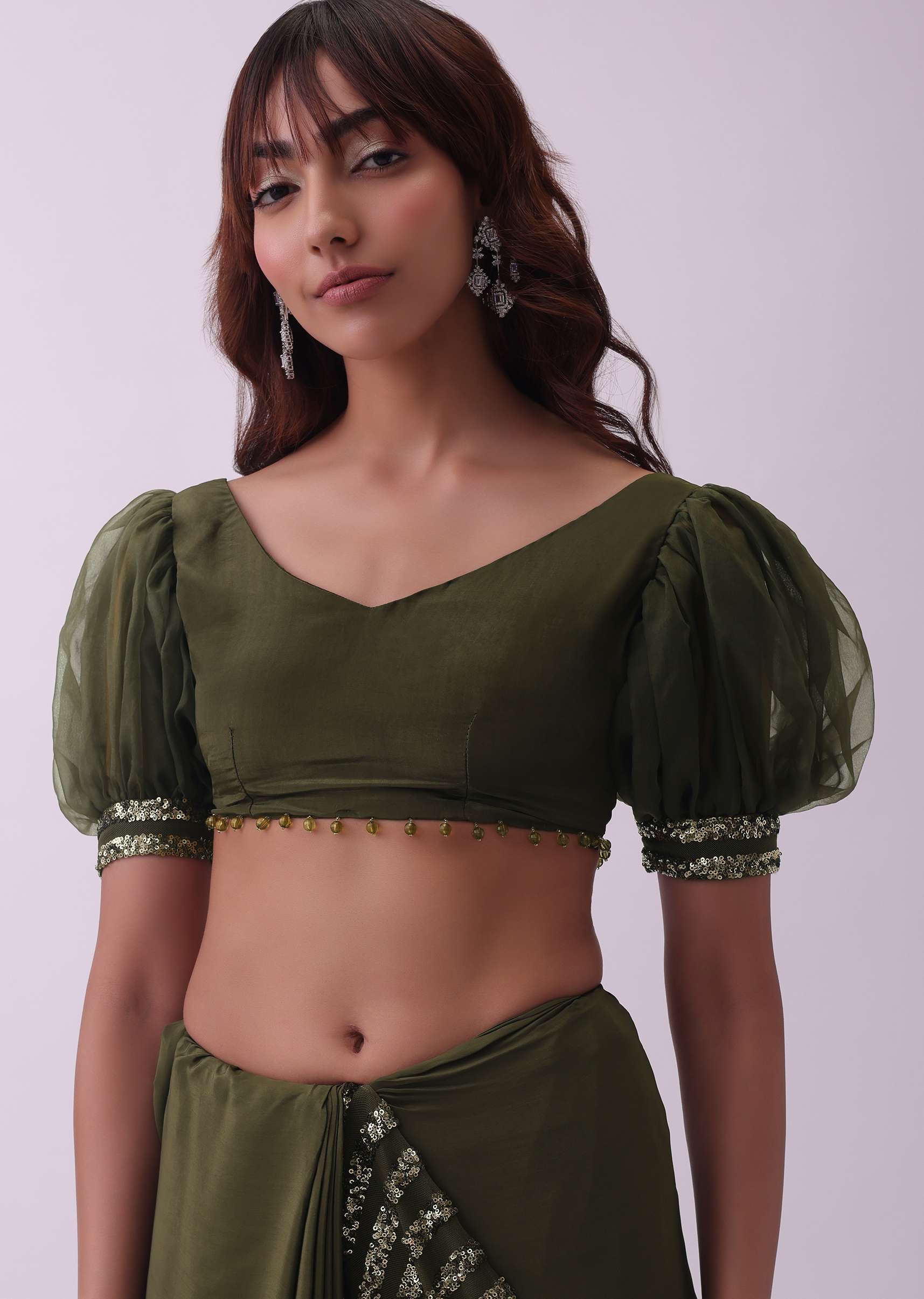 Olive Green Sequins Saree And Crepe Blouse With Fancy Puff Sleeves