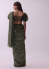 Olive Green Sequins Saree And Crepe Blouse With Fancy Puff Sleeves