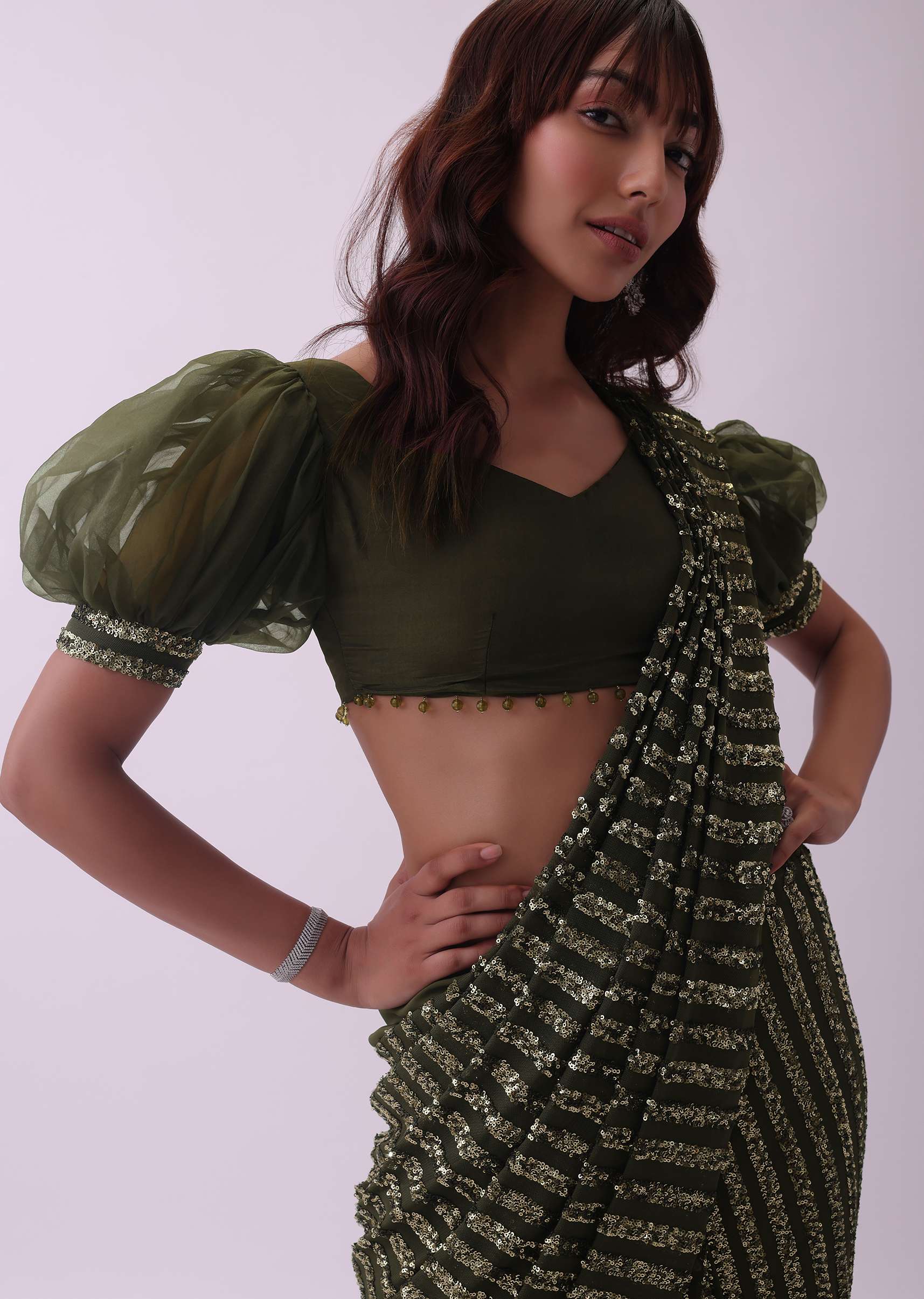 Olive Green Sequins Saree And Crepe Blouse With Fancy Puff Sleeves