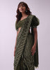 Olive Green Sequins Saree And Crepe Blouse With Fancy Puff Sleeves