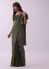 Olive Green Sequins Saree And Crepe Blouse With Fancy Puff Sleeves