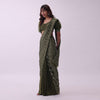 Olive Green Sequins Saree And Crepe Blouse With Fancy Puff Sleeves