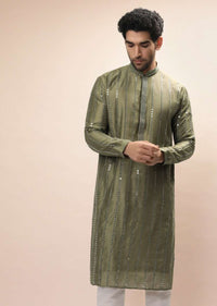 Olive Kurta Set In Silk With Heavy Mirror Embroidered Stripes