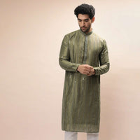 Olive Kurta Set In Silk With Heavy Mirror Embroidered Stripes