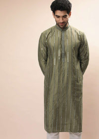 Olive Kurta Set In Silk With Heavy Mirror Embroidered Stripes