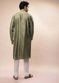 Olive Kurta Set In Silk With Heavy Mirror Embroidered Stripes