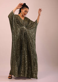 Olive Sequins Kaftan With Scrunched Waist And Fringe Detailing