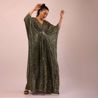 Olive Sequins Kaftan With Scrunched Waist And Fringe Detailing