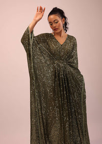 Olive Sequins Kaftan With Scrunched Waist And Fringe Detailing