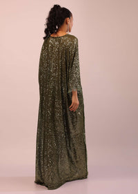 Olive Sequins Kaftan With Scrunched Waist And Fringe Detailing