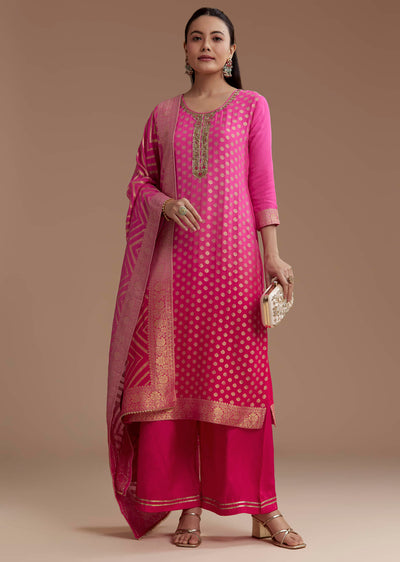 Ombre Pink Jacquard Weave Kurta Set