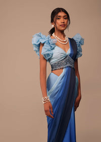 Ombre Blue Satin Saree With Fancy Organza Ruffle Blouse