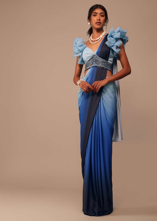 Ombre Blue Satin Saree With Fancy Organza Ruffle Blouse