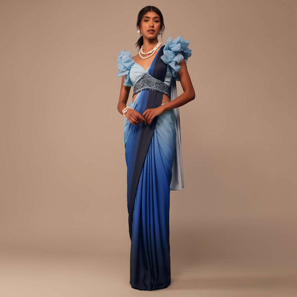 Ombre Blue Satin Saree With Fancy Organza Ruffle Blouse