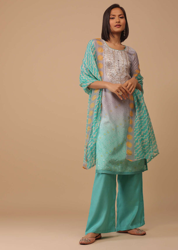 Ombre Sea Green Embroidered Bandhani Printed Cotton Palazzo Suit With Leheriya Dupatta