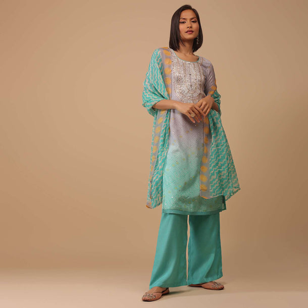 Ombre Sea Green Embroidered Bandhani Printed Cotton Palazzo Suit With Leheriya Dupatta