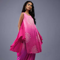 Ombre Fuschia Pink Bandhani Tunic Top In Gajji Silk With Printed Silk Cowl Dhoti