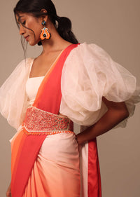Ombre Orange Satin Saree With Hand Embroidered Belt