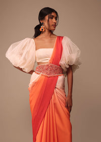 Ombre Orange Satin Saree With Hand Embroidered Belt