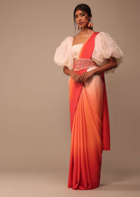 Ombre Orange Satin Saree With Hand Embroidered Belt